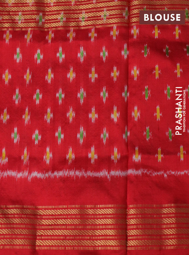 Pochampally silk saree teal green and red with allover ikat weaves and long ikat woven zari border