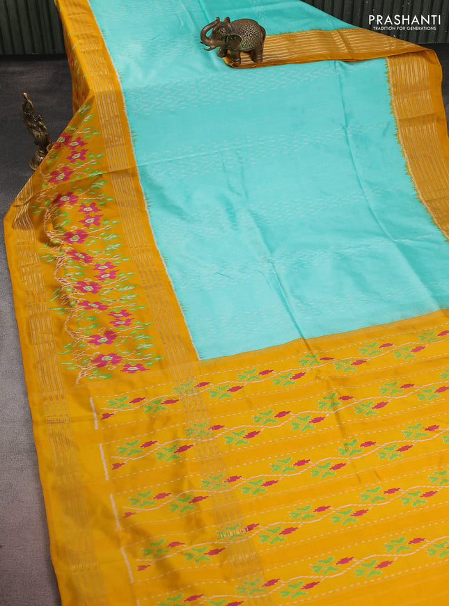 Pochampally silk saree teal blue shade and mustard yellow with allover ikat weaves and long ikat woven zari border