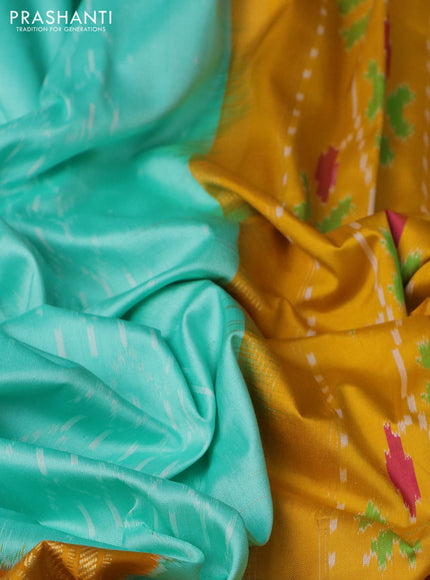 Pochampally silk saree teal blue shade and mustard yellow with allover ikat weaves and long ikat woven zari border