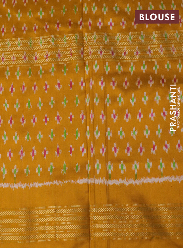 Pochampally silk saree teal blue shade and mustard yellow with allover ikat weaves and long ikat woven zari border