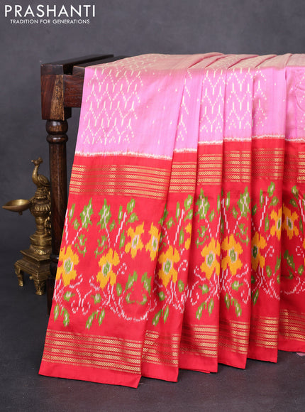 Pochampally silk saree light pink and red with allover ikat weaves and long ikat woven zari border