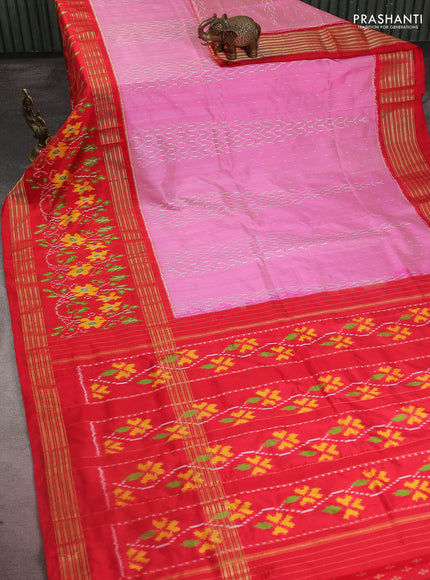 Pochampally silk saree light pink and red with allover ikat weaves and long ikat woven zari border