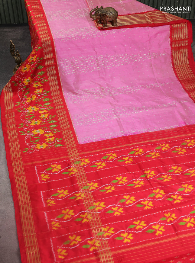 Pochampally silk saree light pink and red with allover ikat weaves and long ikat woven zari border