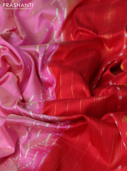 Pochampally silk saree light pink and red with allover ikat weaves and long ikat woven zari border