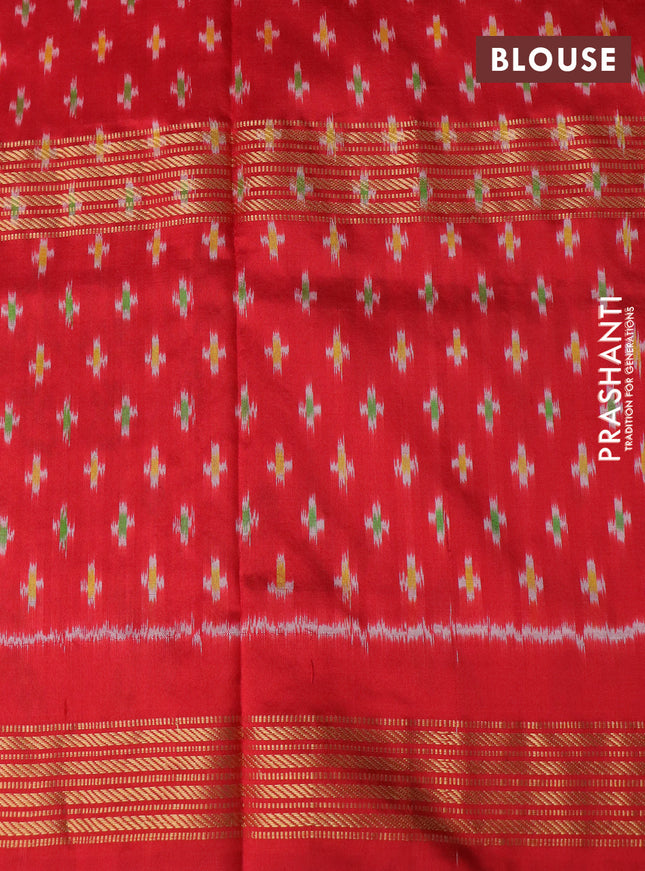 Pochampally silk saree light pink and red with allover ikat weaves and long ikat woven zari border