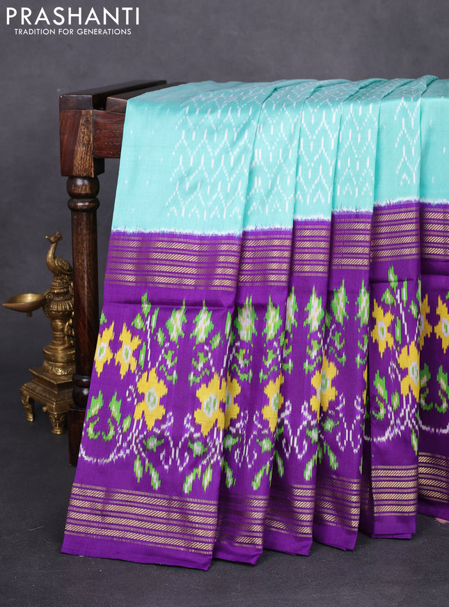Pochampally silk saree teal blue shade and violet with allover ikat weaves and zari woven border