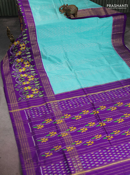 Pochampally silk saree teal blue shade and violet with allover ikat weaves and zari woven border