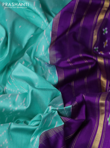 Pochampally silk saree teal blue shade and violet with allover ikat weaves and zari woven border