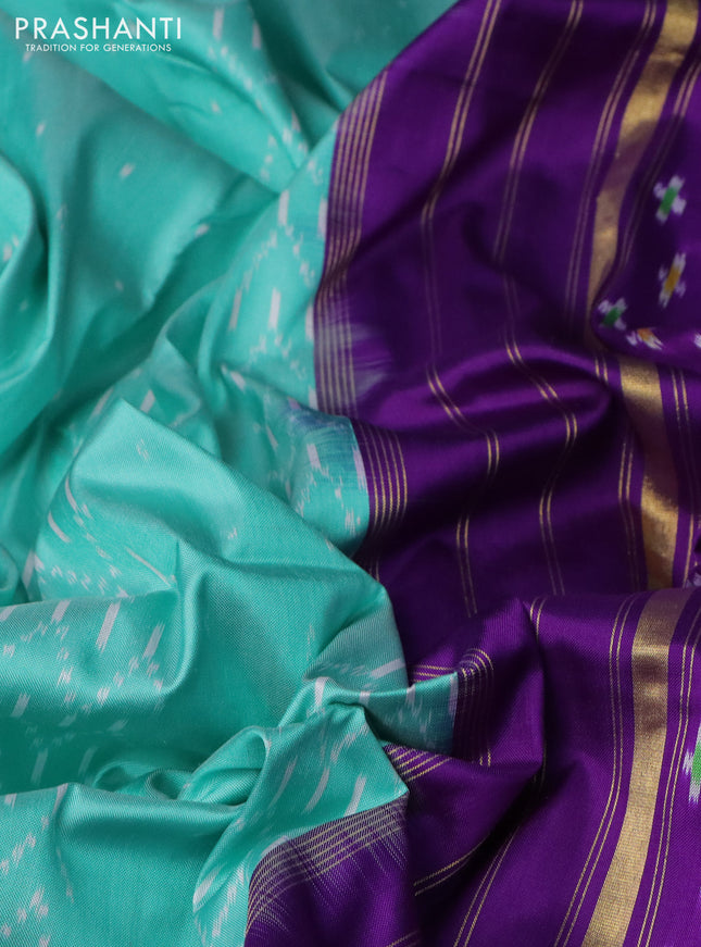 Pochampally silk saree teal blue shade and violet with allover ikat weaves and zari woven border