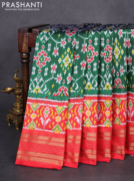 Pochampally silk saree green and red with allover ikat weaves and long ikat woven zari border