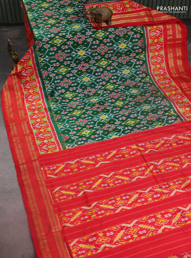 Pochampally silk saree green and red with allover ikat weaves and long ikat woven zari border
