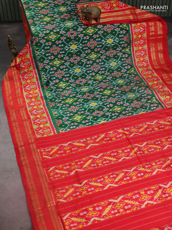 Pochampally silk saree green and red with allover ikat weaves and long ikat woven zari border