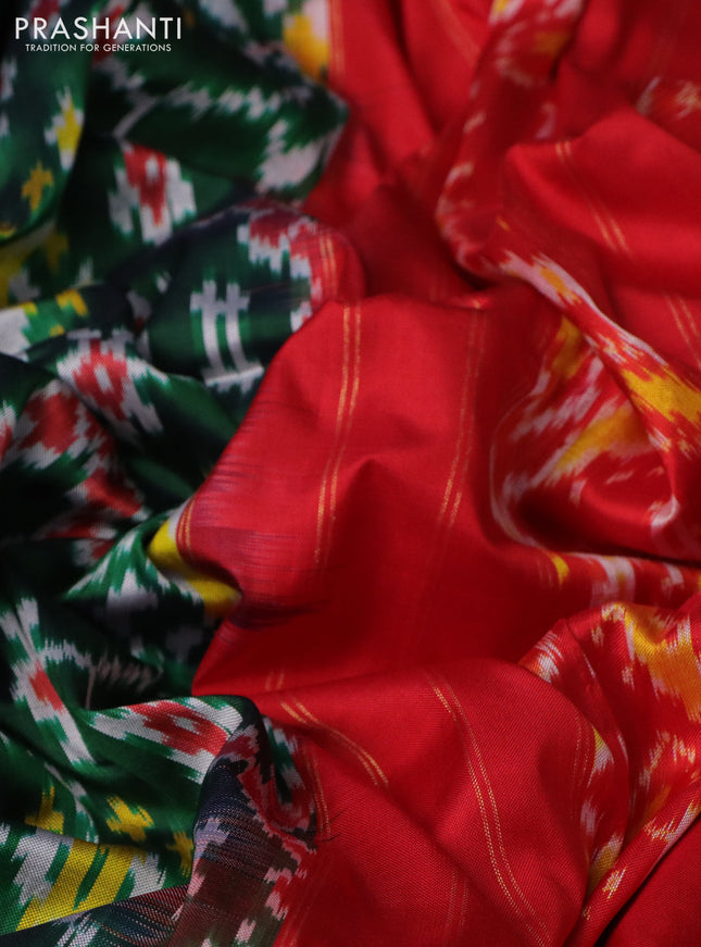 Pochampally silk saree green and red with allover ikat weaves and long ikat woven zari border