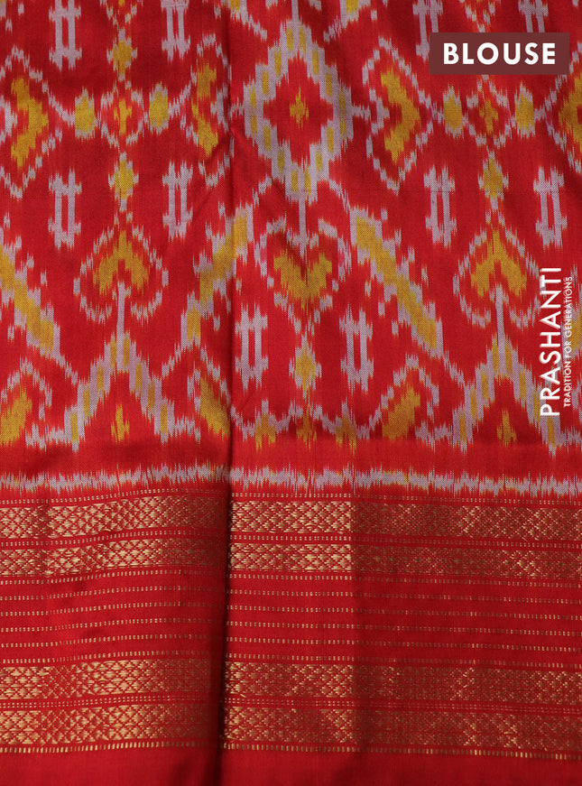 Pochampally silk saree green and red with allover ikat weaves and long ikat woven zari border