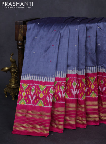 Pochampally silk saree grey and pink with thread woven buttas and long ikat woven zari border
