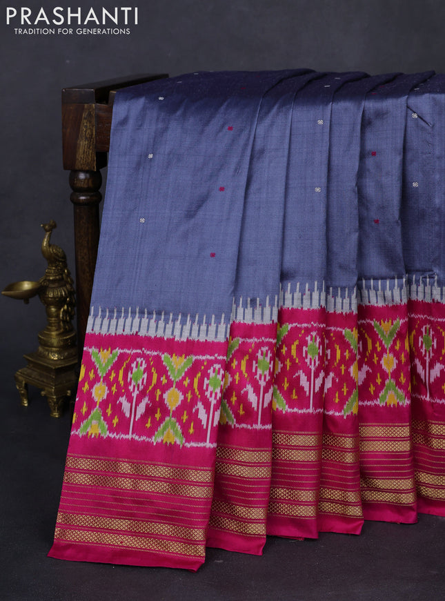 Pochampally silk saree grey and pink with thread woven buttas and long ikat woven zari border
