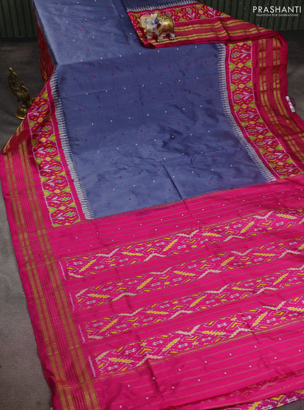 Pochampally silk saree grey and pink with thread woven buttas and long ikat woven zari border