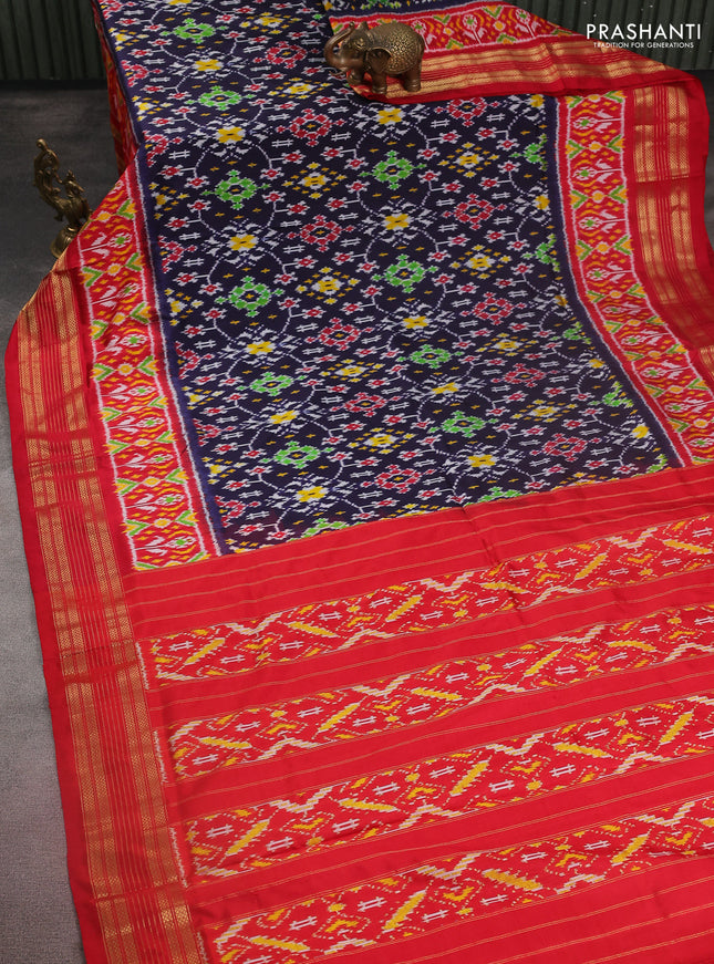Pochampally silk saree navy blue and red with allover ikat weaves and long ikat woven zari border