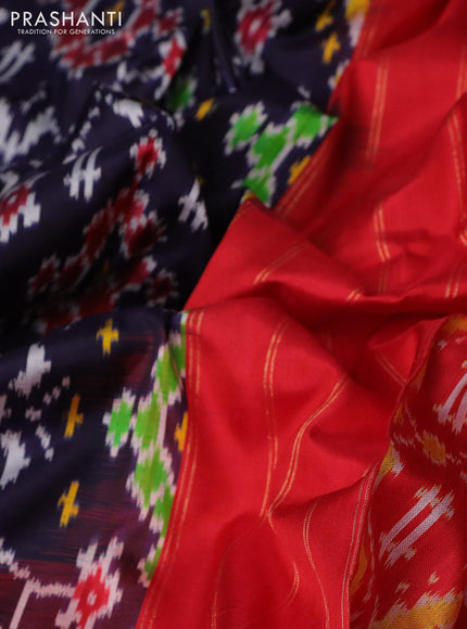 Pochampally silk saree navy blue and red with allover ikat weaves and long ikat woven zari border