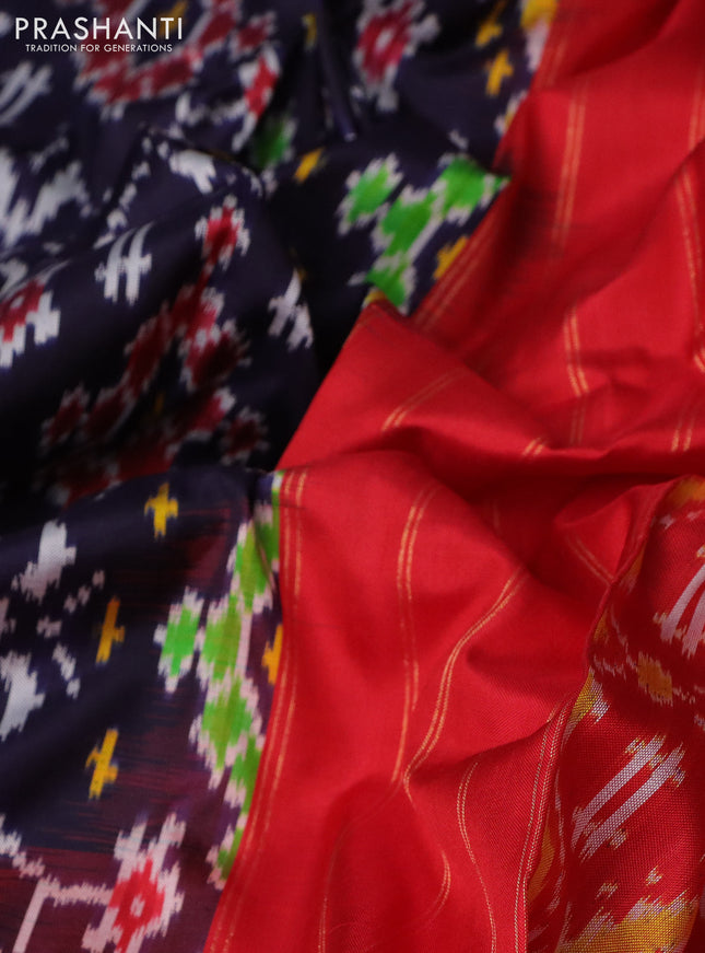 Pochampally silk saree navy blue and red with allover ikat weaves and long ikat woven zari border