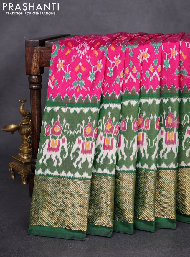 Pochampally silk saree pink and green with allover ikat weaves and long ikat woven zari border