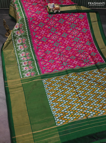 Pochampally silk saree pink and green with allover ikat weaves and long ikat woven zari border