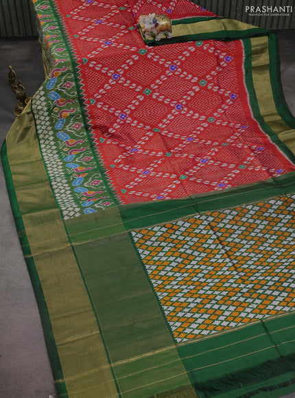 Pochampally silk saree red and green with allover ikat weaves and long ikat woven zari woven border