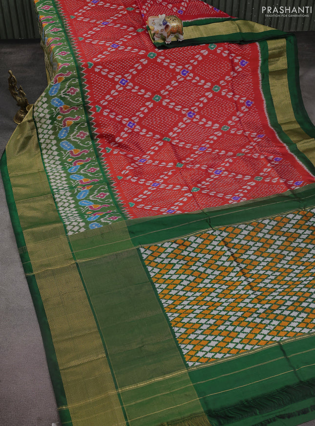 Pochampally silk saree red and green with allover ikat weaves and long ikat woven zari woven border