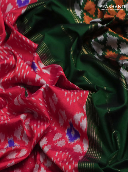 Pochampally silk saree red and green with allover ikat weaves and long ikat woven zari woven border