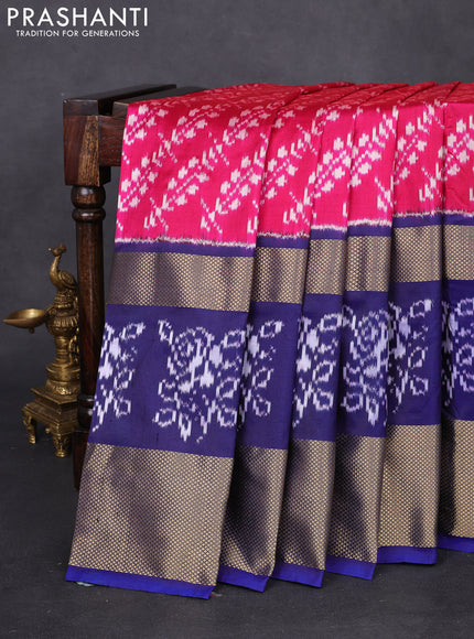 Pochampally silk saree pink and blue with allover ikat weaves and long ikat woven zari border