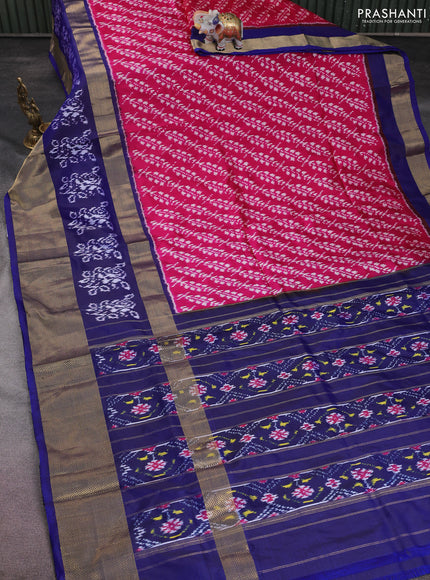 Pochampally silk saree pink and blue with allover ikat weaves and long ikat woven zari border