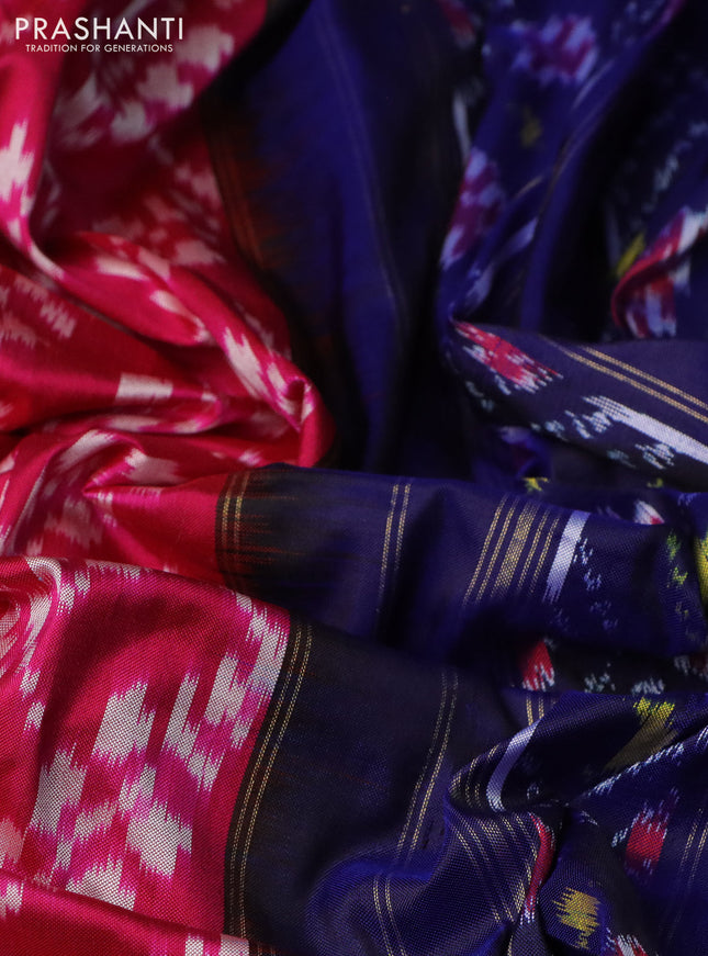 Pochampally silk saree pink and blue with allover ikat weaves and long ikat woven zari border