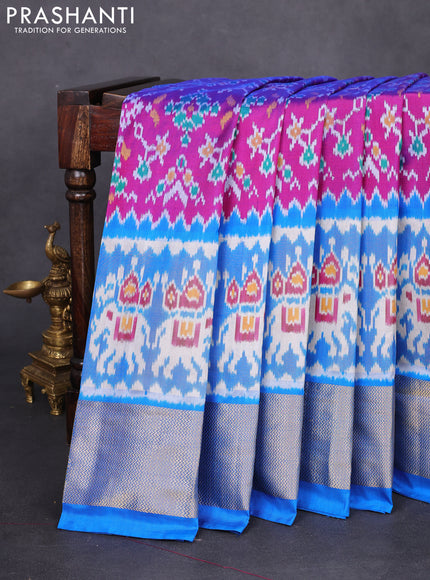 Pochampally silk saree purple and cs blue with allover ikat weaves and long ikat woven zari border
