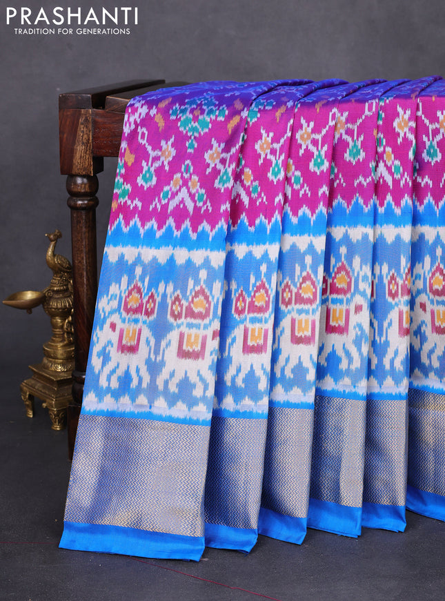 Pochampally silk saree purple and cs blue with allover ikat weaves and long ikat woven zari border