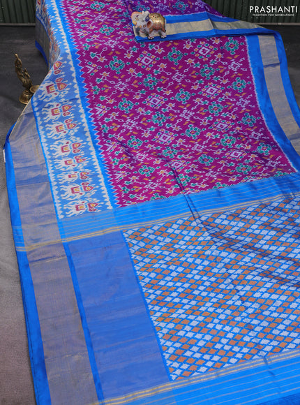 Pochampally silk saree purple and cs blue with allover ikat weaves and long ikat woven zari border