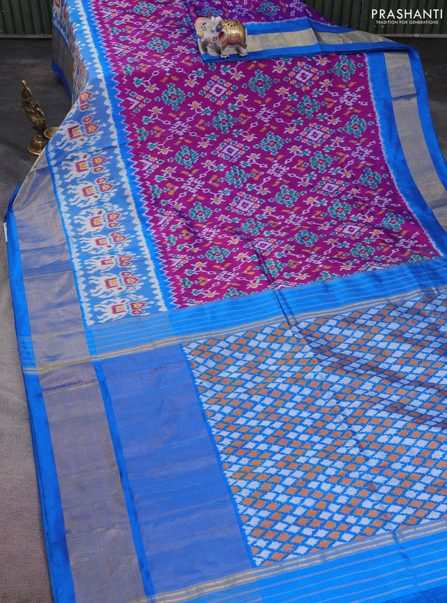 Pochampally silk saree purple and cs blue with allover ikat weaves and long ikat woven zari border