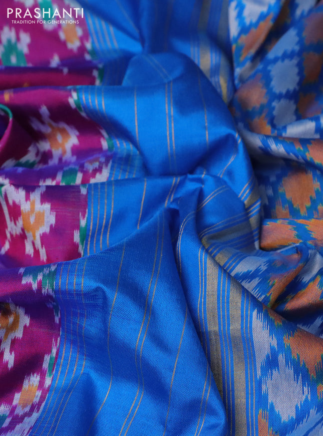 Pochampally silk saree purple and cs blue with allover ikat weaves and long ikat woven zari border