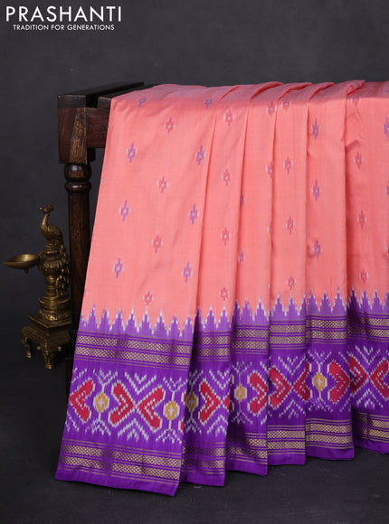 Pochampally silk saree peach orange and violet with allover ikat butta weaves and long ikat woven zari border