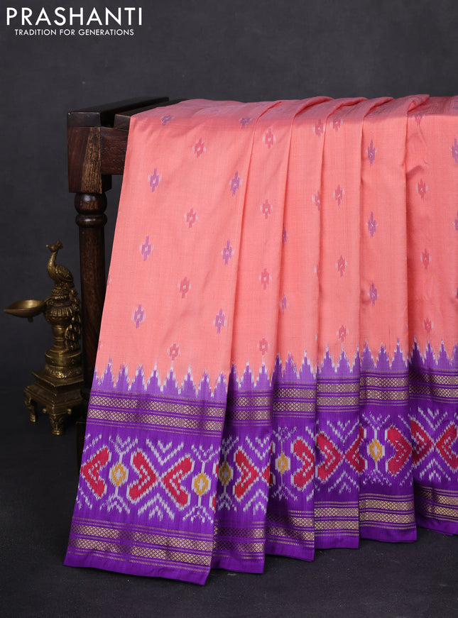 Pochampally silk saree peach orange and violet with allover ikat butta weaves and long ikat woven zari border