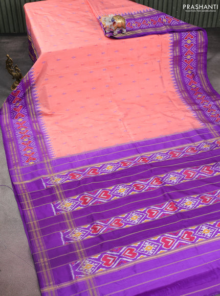 Pochampally silk saree peach orange and violet with allover ikat butta weaves and long ikat woven zari border