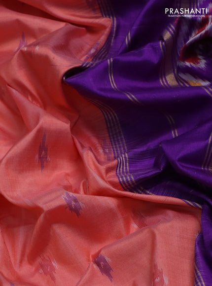 Pochampally silk saree peach orange and violet with allover ikat butta weaves and long ikat woven zari border