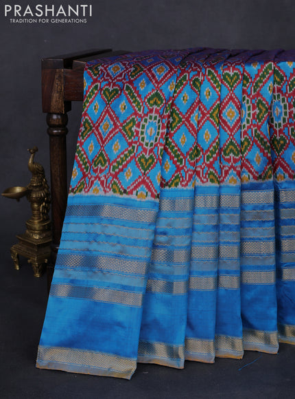 Pochampally silk saree maroon and cs blue with allover ikat weaves and long rettapet zari woven border