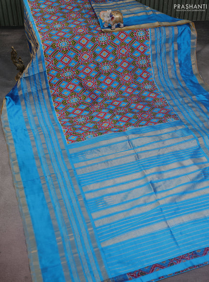Pochampally silk saree maroon and cs blue with allover ikat weaves and long rettapet zari woven border