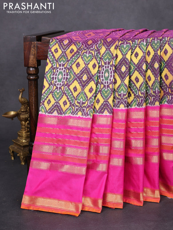 Pochampally silk saree deep purple and pink with allover ikat weaves and long rettapet zari woven border