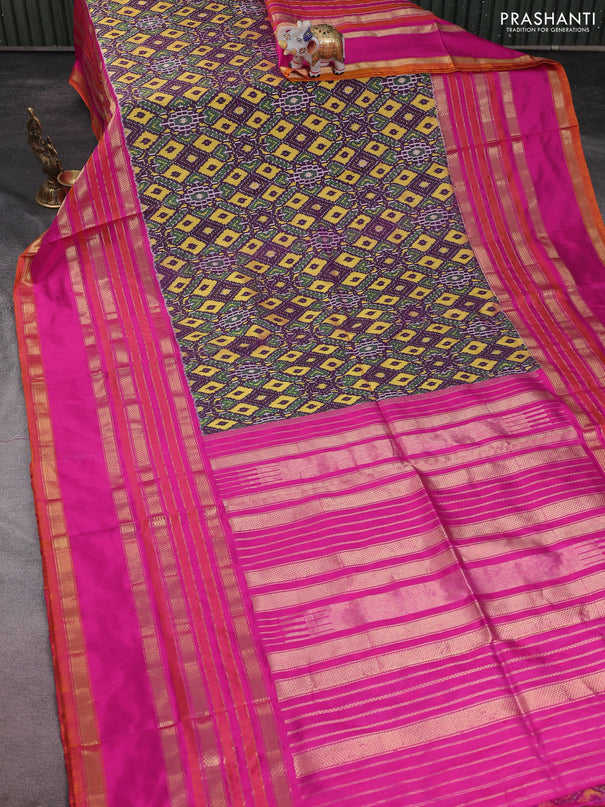 Pochampally silk saree deep purple and pink with allover ikat weaves and long rettapet zari woven border