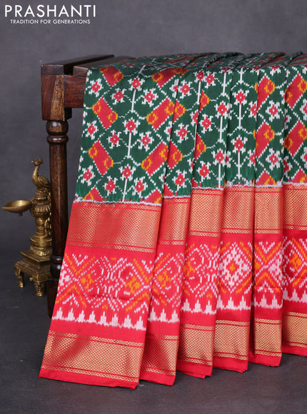Pochampally silk saree green and red with allover ikat weaves and long zari woven ikat border