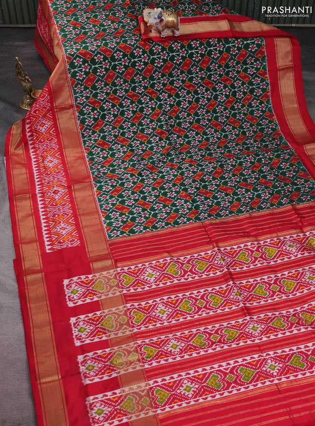 Pochampally silk saree green and red with allover ikat weaves and long zari woven ikat border