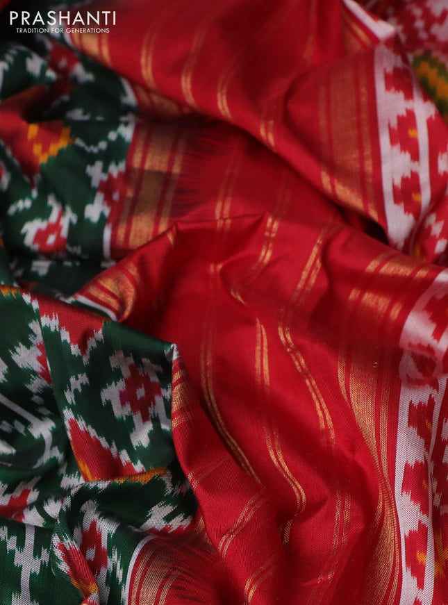 Pochampally silk saree green and red with allover ikat weaves and long zari woven ikat border