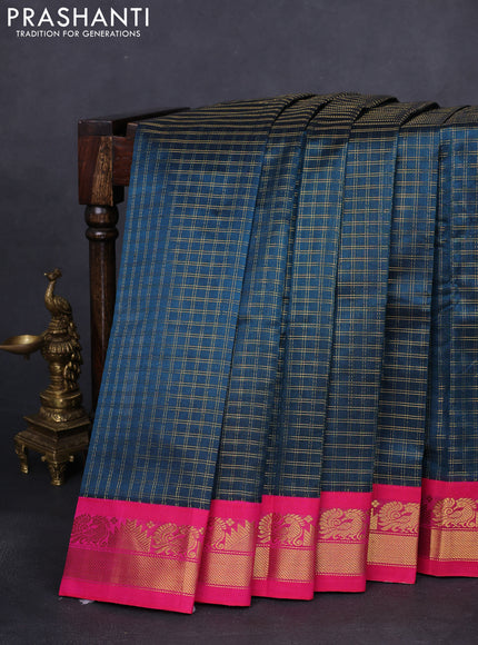 Silk cotton saree peacock blue and pink with allover zari checked pattern and zari woven korvai border