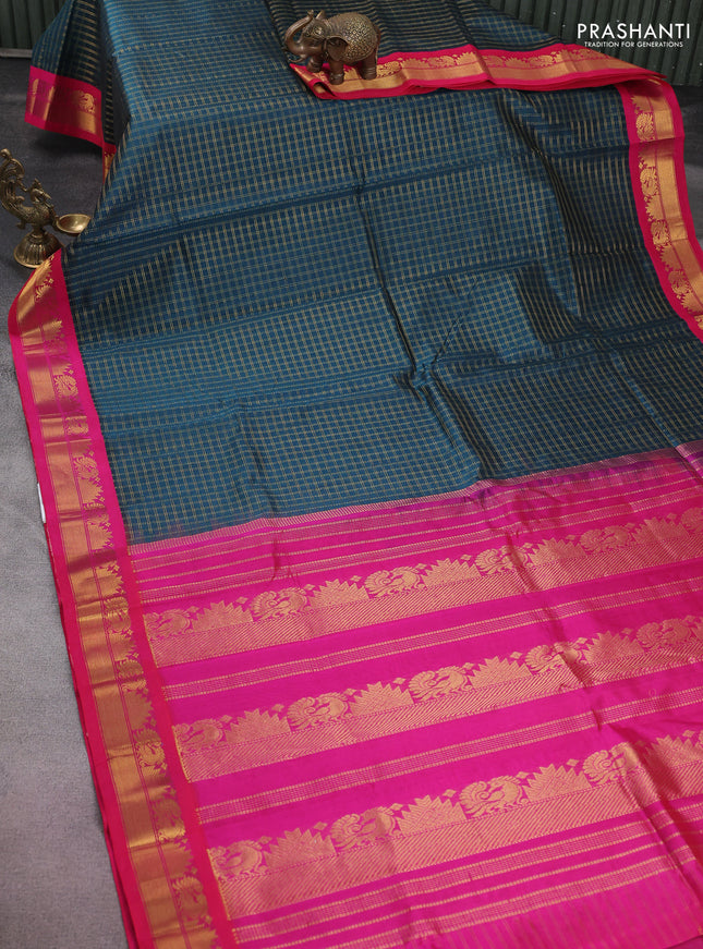 Silk cotton saree peacock blue and pink with allover zari checked pattern and zari woven korvai border